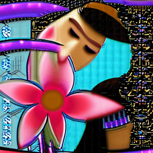 AI generated: a couple hugging and kissing with pink flowers, in the style of cyberpunk futurism, gold and azure, ...