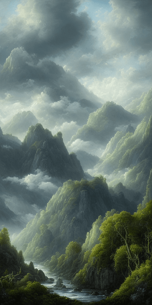 AI generated: an endless mountain range on the background, covered full with lush green forests and life, blue sky...