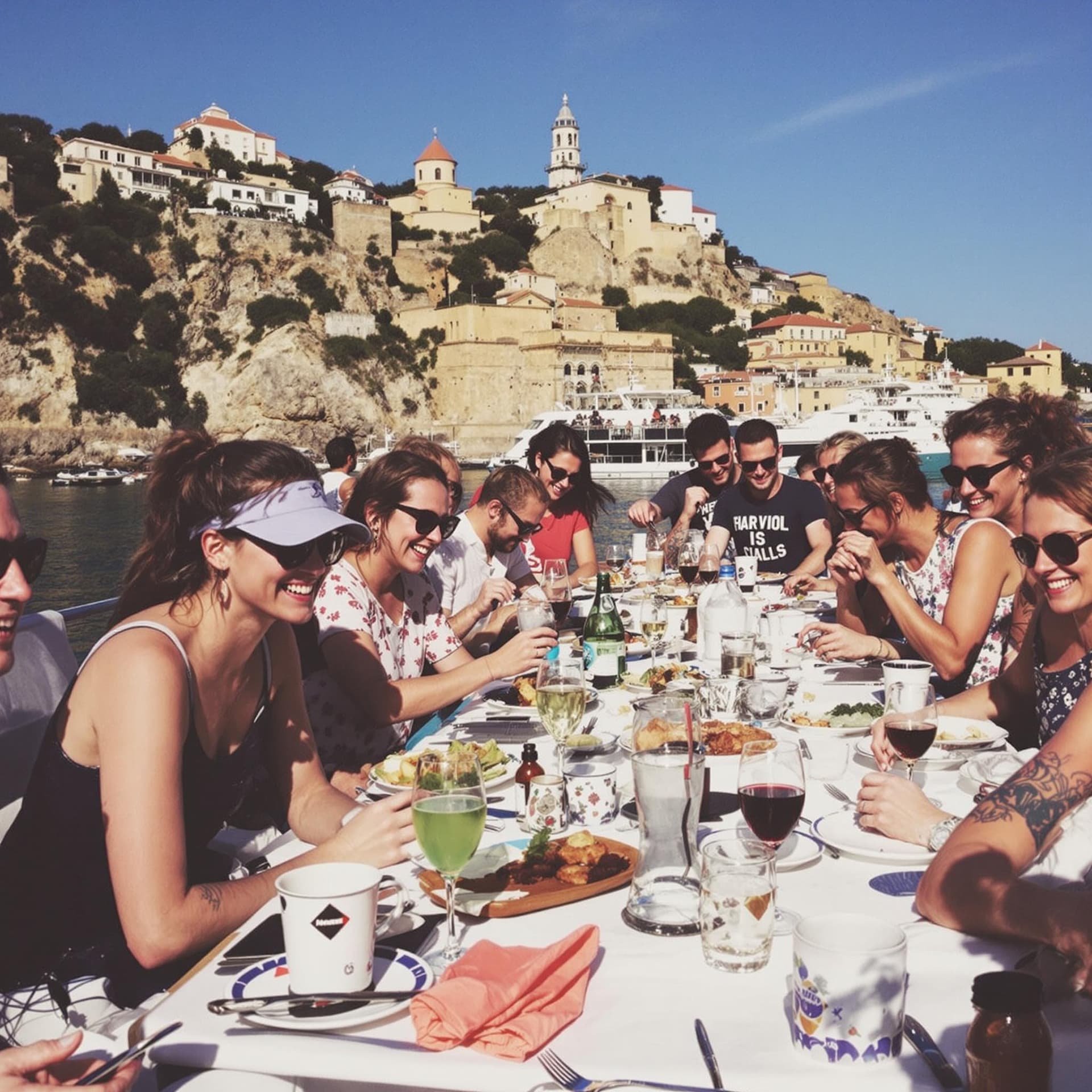 AI generated: fujifilm, leyca, boat tour, corporate retreat, happy team building retreat, happy team on a boat, po...