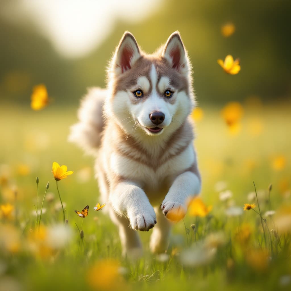 AI generated: a wonderfull beige Husky runs in the grass fields and try to catch butterflies. Uhd 8k, hyperrealism...