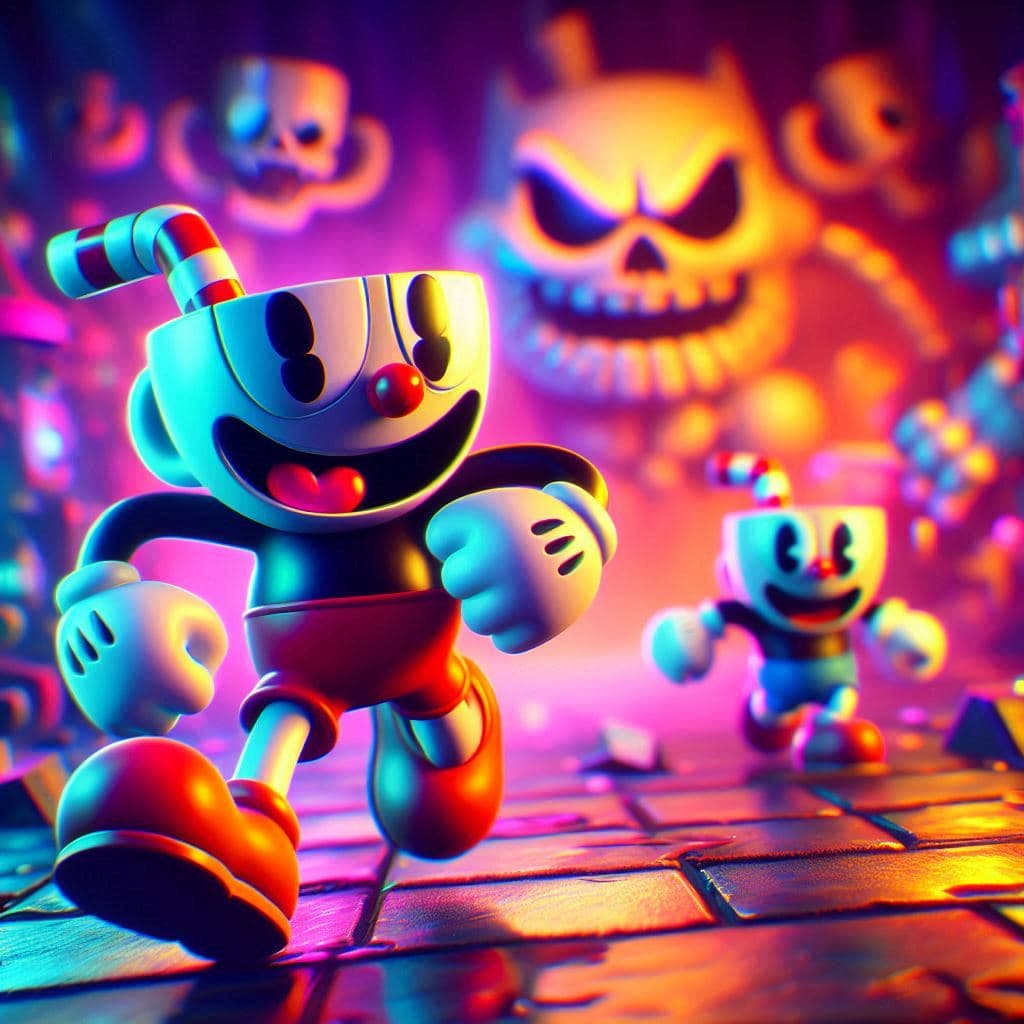 AI generated: villano de cuphead gameplay 3d render, fondo desenfocado, colores vivos y vibrantes, reflejos de ilu...