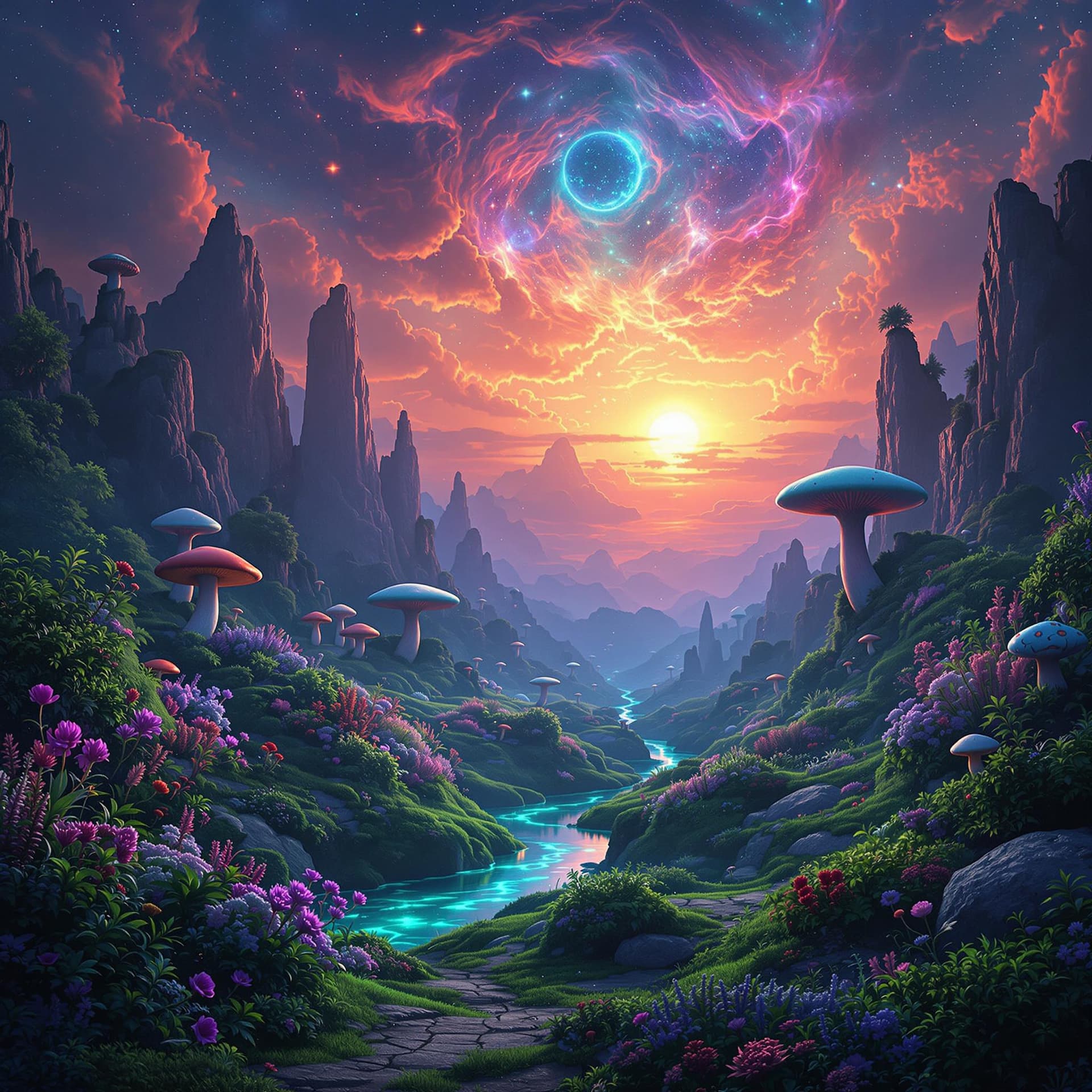 AI generated: Fantasy landscape, dynamic lights, glowing emerald, nebulas, sunset,,8k photorealistic eternal  ambi...
