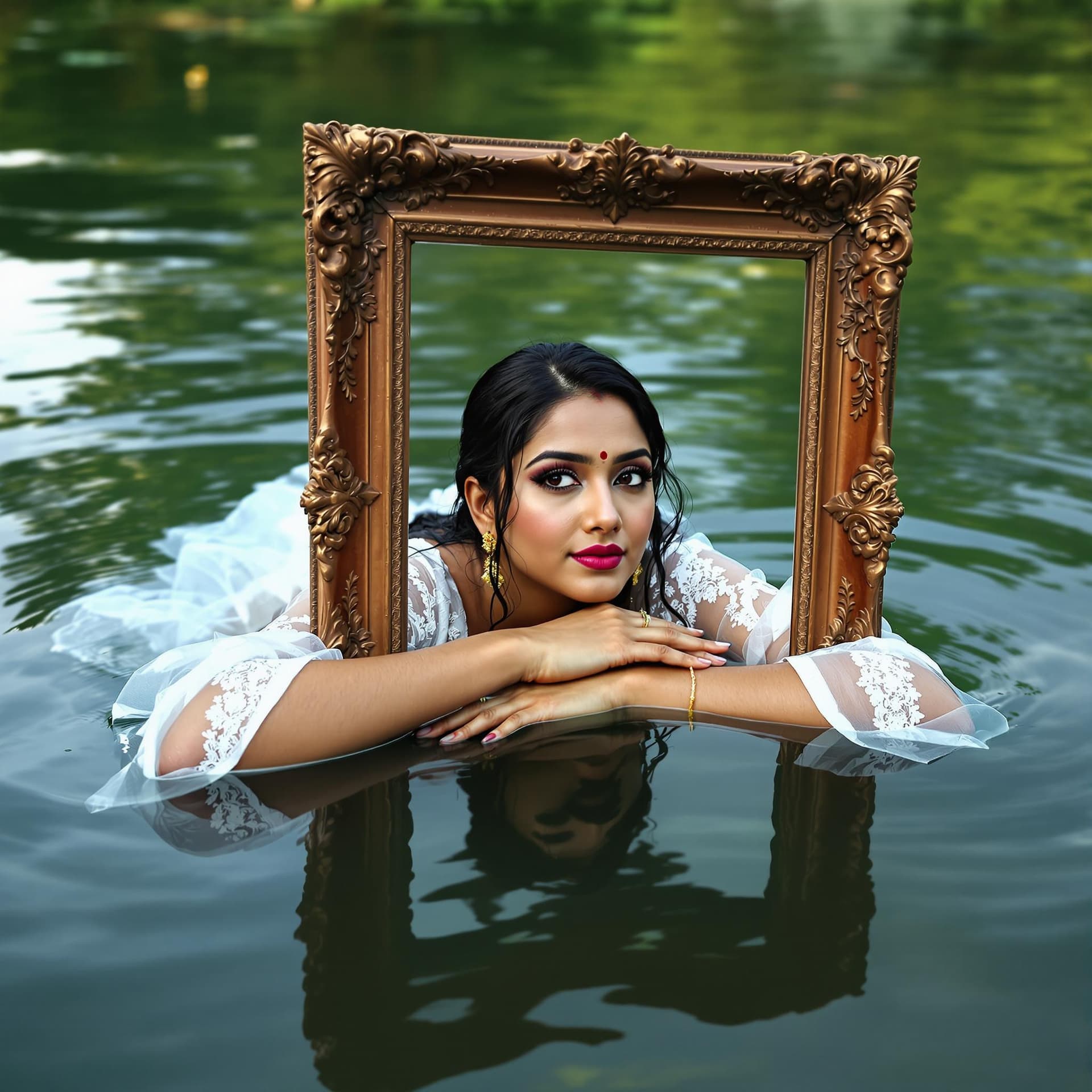 AI generated: A visually captivating photograph shows a Kerala woman submerged in water up to her shoulders, hair ...