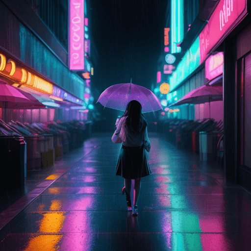 AI generated: Hyper realistic photo of raining night street, colorful neon lights, girl walking with umbrella, car...