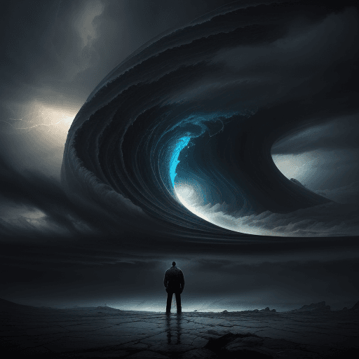AI generated: a man standing under an angry cloud, in the style of apocalypse art, fantastic landscapes, spectacul...