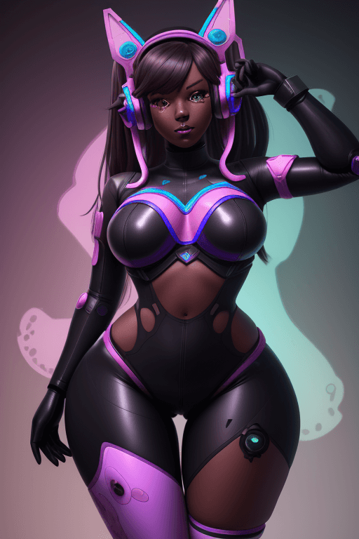 AI generated: D.va, hypnosis, futuristic tech, dark skin, thick thighs, evil. puppet, splatoon, inkling queen