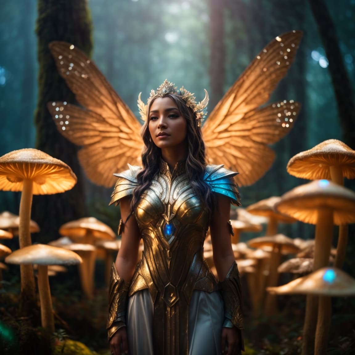 AI generated: Guardian of the shrooms and dmt armored, woman with iridescent, wing-like pauldrons, standing tall a...
