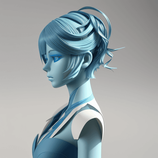 AI generated: 3d ultra & hyper details mannequin with Paper cut blue hair, with serene colors, delicate hair waves...