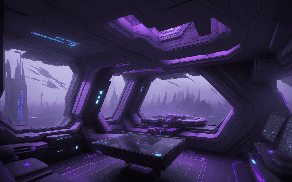 AI generated: EXTREMELY FUTURISTIC, SCI-FI, Dark, VIOLET, classy SPACESHIP, bedroom interior, FUTURISTIC CITY view...
