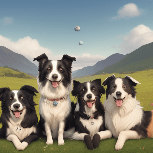AI generated: A pirate-faced border collie sits with his companions on a scenic grassland, smiling happily, with t...