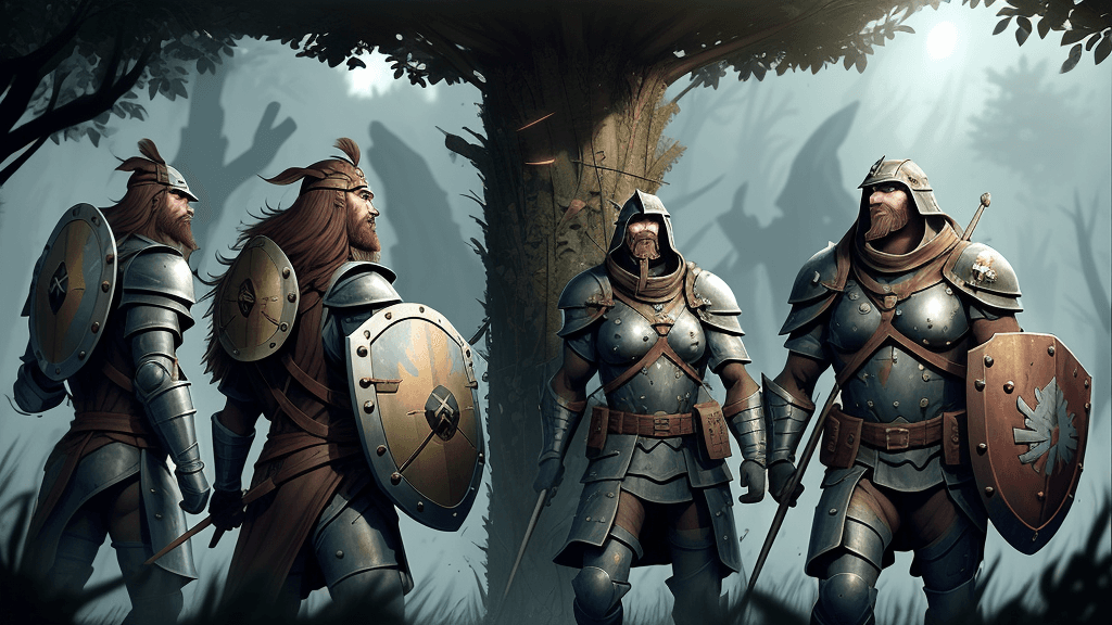 AI generated: wariors with shields exploring secret laboratory
