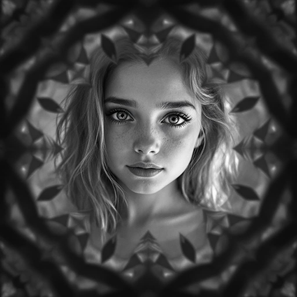 AI generated: /imagine prompt: pattern drawing of girl by Lee Friedlander fisheye lens kaleidoscope full body pose...