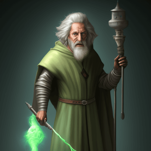 AI generated: mad medieval scientist, full body, flasks in hand:: tall man, wild green hair, wearing a robe, cowl,...