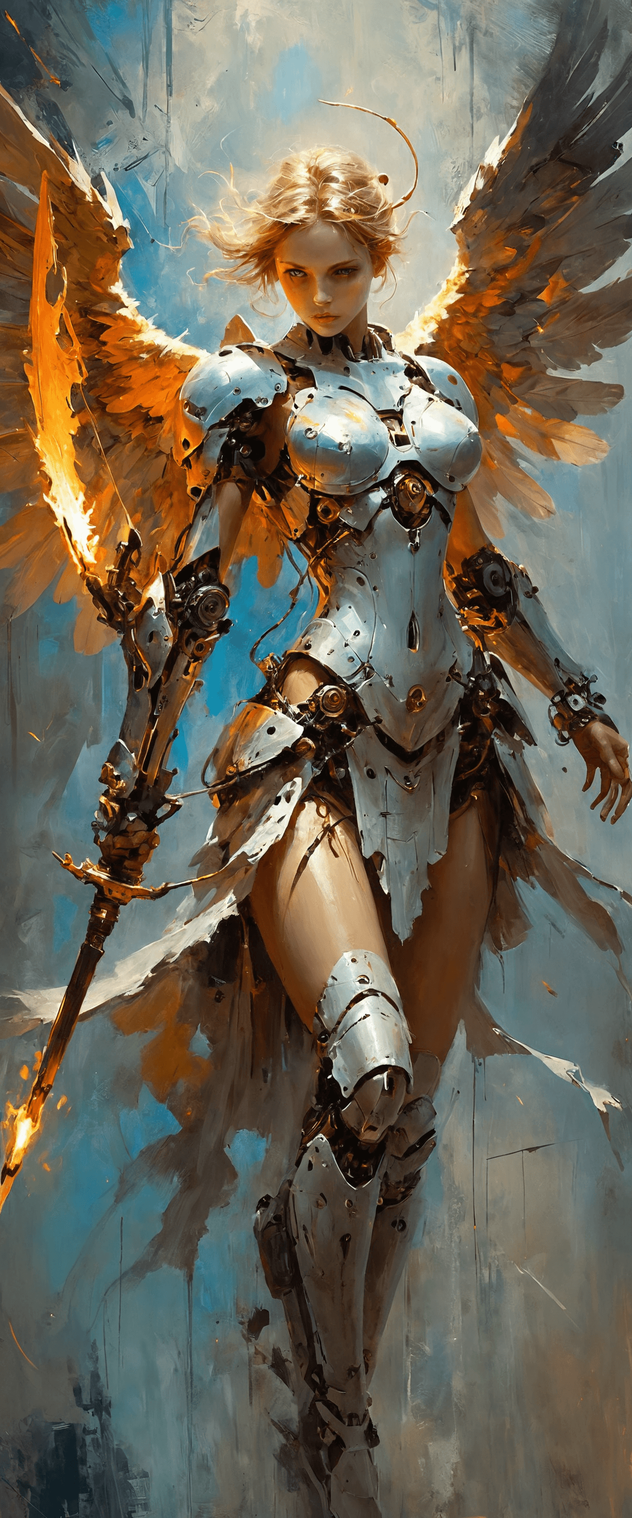 AI generated: Impressionist painting mechanical angel, dark atmosphere, wielding a magical spear . Loose brushwork...