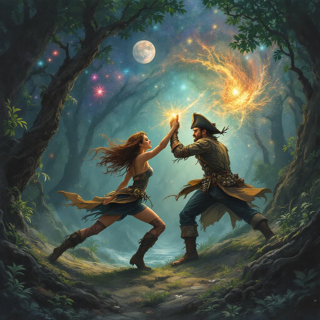 AI generated: woman and man novice pirate dueling through cosmic forest
 art style
