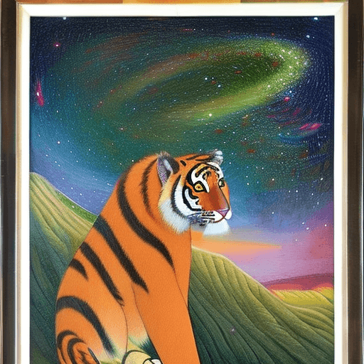 AI generated: The image features an art painting of tiger sitting in a cosmic setting, surrounded by a starry back...
