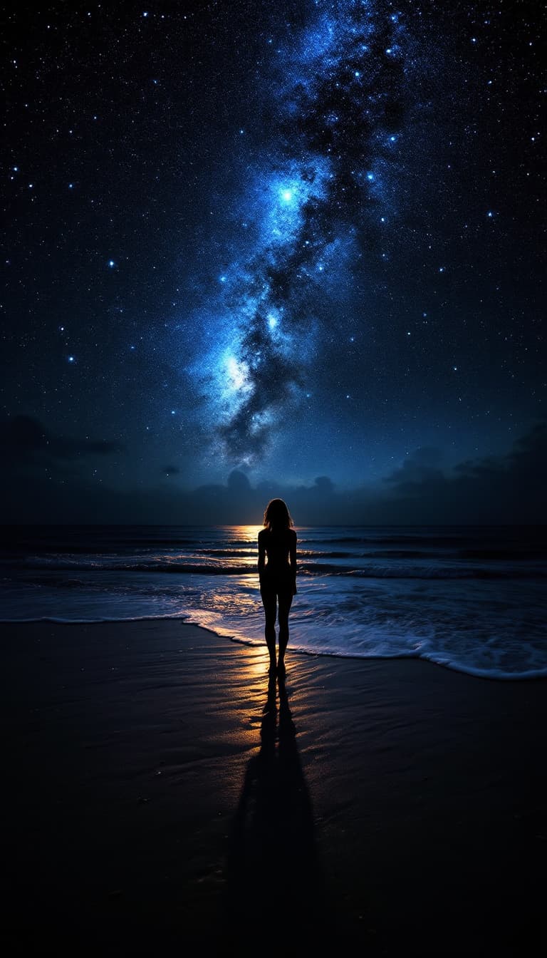 AI generated: The starry sky shines on the beach, with dark gray sand and shallow water in front of it. A beautifu...