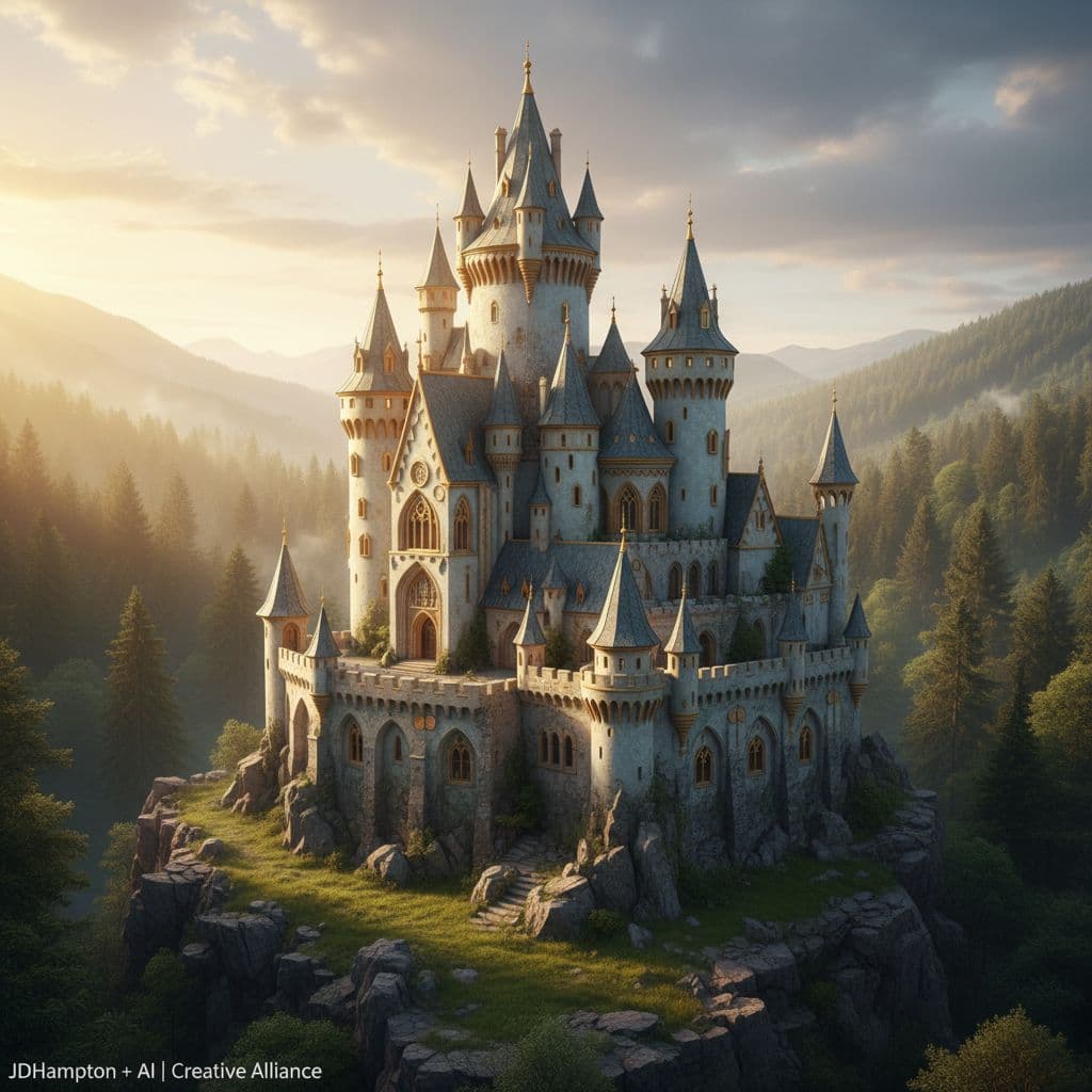 AI generated: Beautiful evening sunset combined with  a beautiful amazing castle, similar to the very amazing Karl...