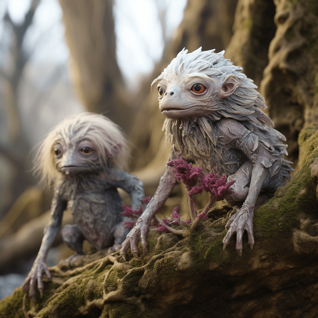 AI generated: full bodies of two crawling creatures, red eyes, forest clearing, wide shot, snow on the ground, anc...