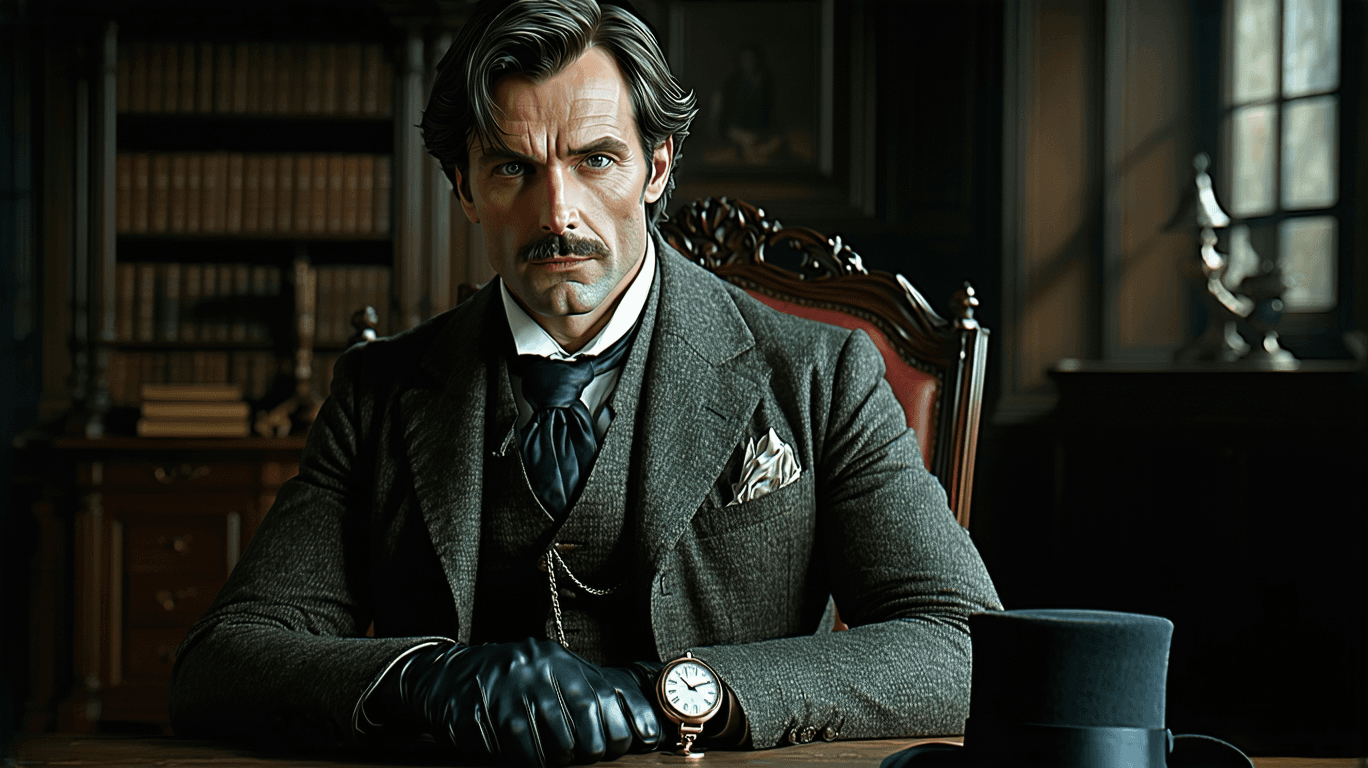 AI generated: Create a highly detailed and realistic 3D avatar of a middle-aged Victorian-era police inspector sat...