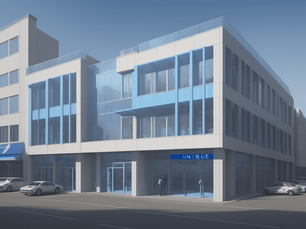 AI generated: Three-story building, facade all in blue glass, small, corporate, modern minimalist architecture, wi...