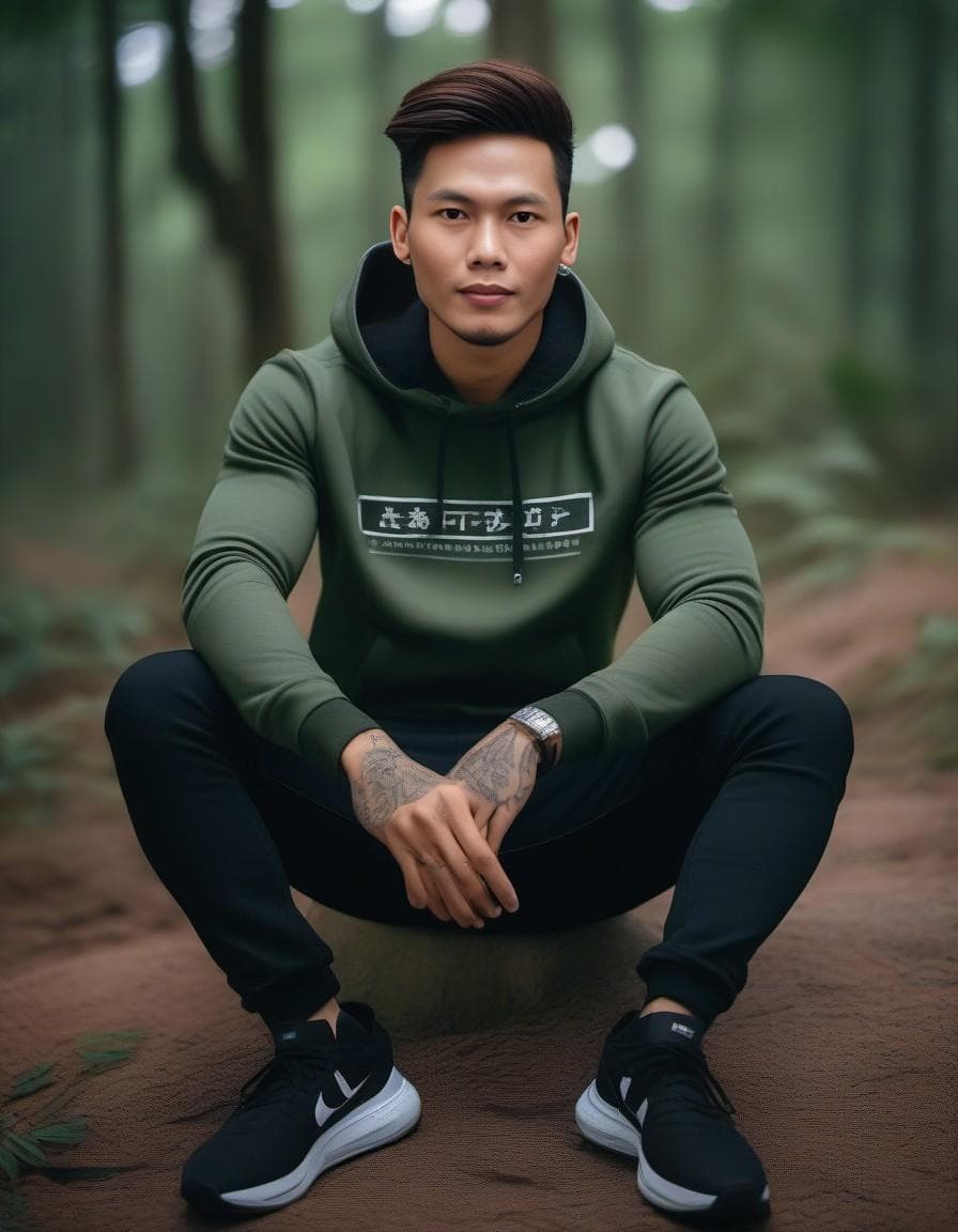 AI generated: photography, long-distance shot, man model, seated on chair, green long undercut, dark deep forest c...
