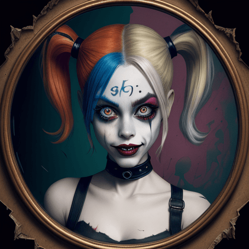 AI generated: "Harley Quinn, in the style of a Tim Burton illustration, gazing into a cracked mirror, chaotic back...