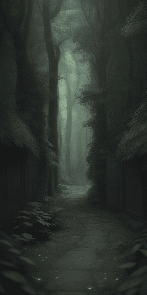 AI generated: a professional photographic view picture of an alley in a green forest, photographic filter unreal e...