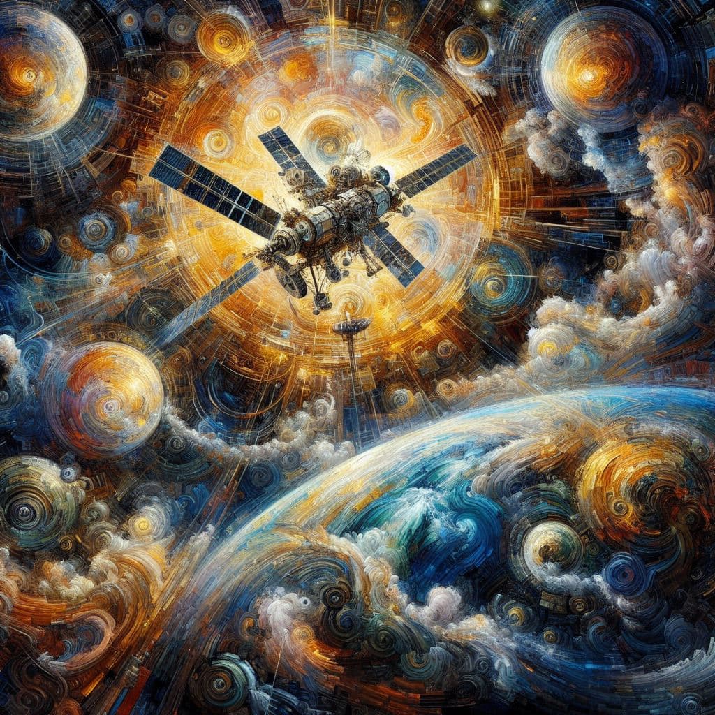 AI generated: abstract painting of the ISS in orbit above earth, symbolism, masterpiece, highly imaginative, intri...