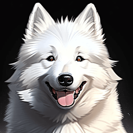 AI generated: smiling/happy white samoyed dog siting black background for my phone lockscreen leave some space abo...