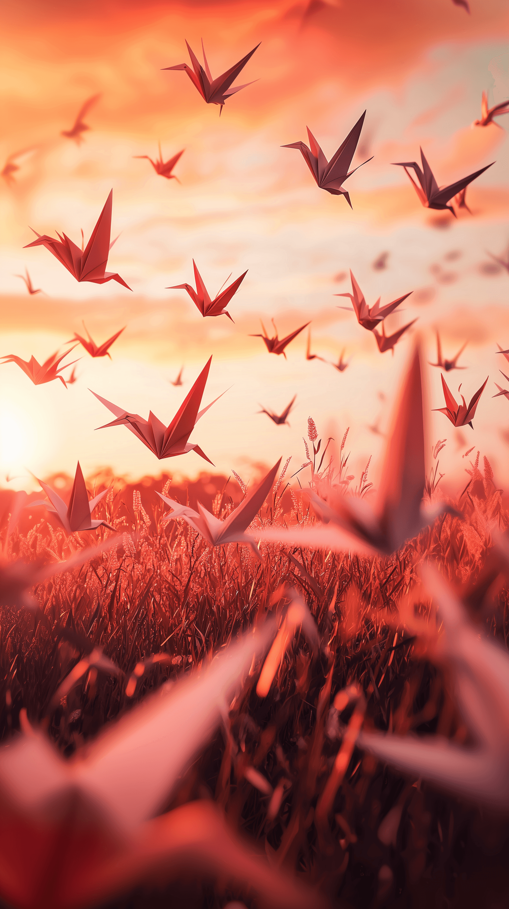 AI generated: endless meadow where thousands of paper cranes float on the breeze, sky painted with soft shades of ...