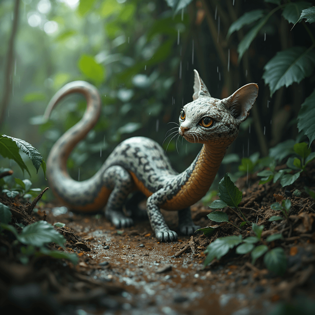 AI generated: messy dusty rainy jungles ground with cluttered vegetation, a hybrid between a snake and cat with sn...