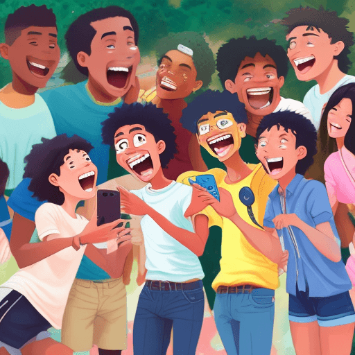 AI generated: Multiracial young people laughing together at camera - Happy group of friends having fun taking self...