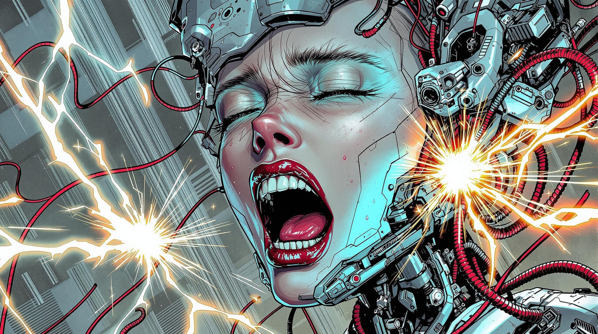 AI generated: Comic book illustration, 3/4 view, close up portrait of beautiful European female cyborg, mouth open...
