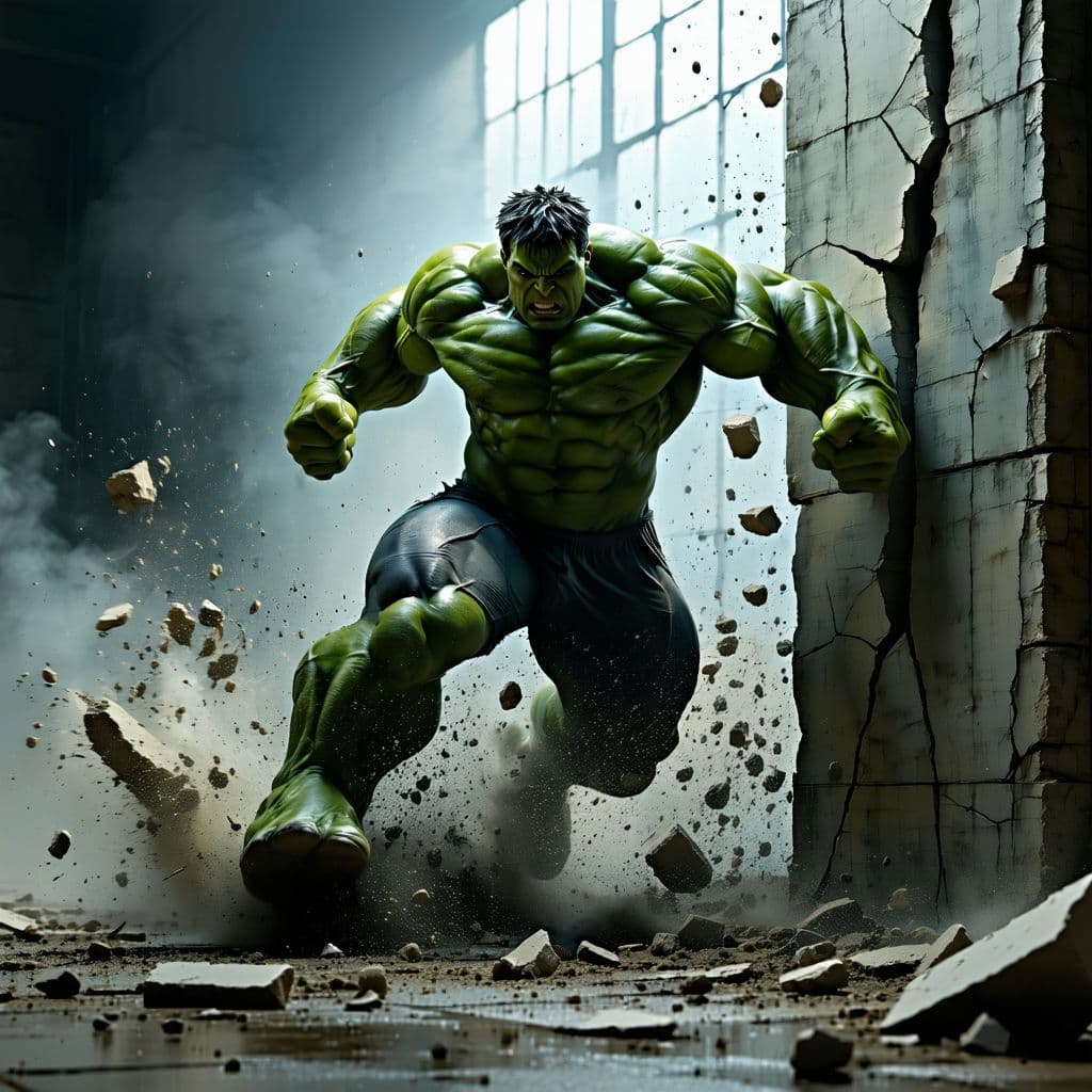 AI generated: A detailed 3D character resembling a muscular humanoid with green skin, similar to the Hulk, is show...