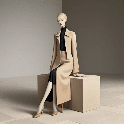 AI generated: a woman sitting on top of a beige cube, official jil sander editorial, beige tones, trending on inte...