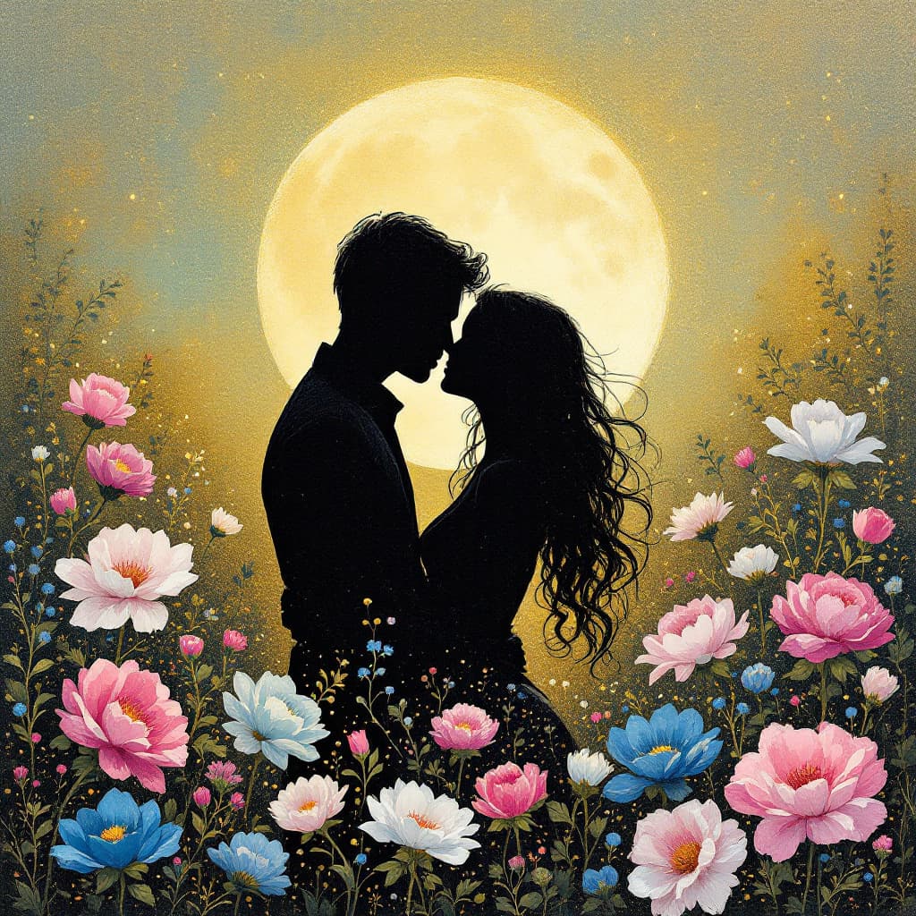 AI generated: A romantic couple sharing a tender kiss under the soft moonlight, their figures surrounded by bold p...