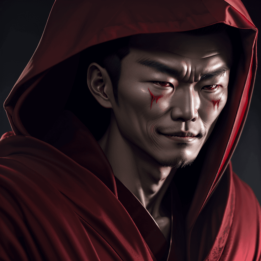 AI generated: High resolution picture. korean man wearing a regal red robe with hood casting a dark sinister shado...