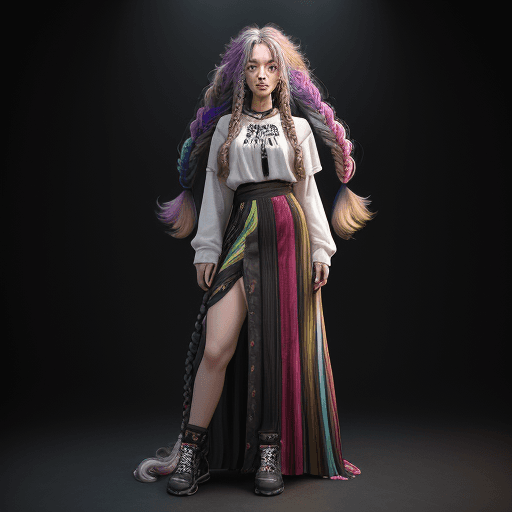 AI generated: (full body:1.2), (Smokexxx:1.4), 1girl with really wild hair, (wavy multicolor hair:1.2), (two long ...
