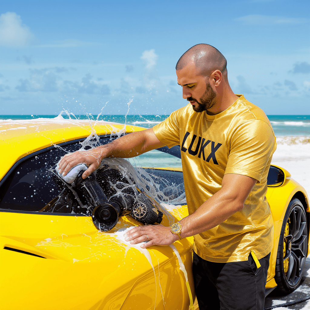 AI generated: 28 year old Serbian man, bald with short beard, in gold t-shirt, with Lukx Detailing in black letter...