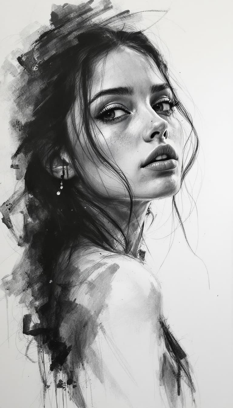AI generated: girl, charcoal sketch, expressive mood