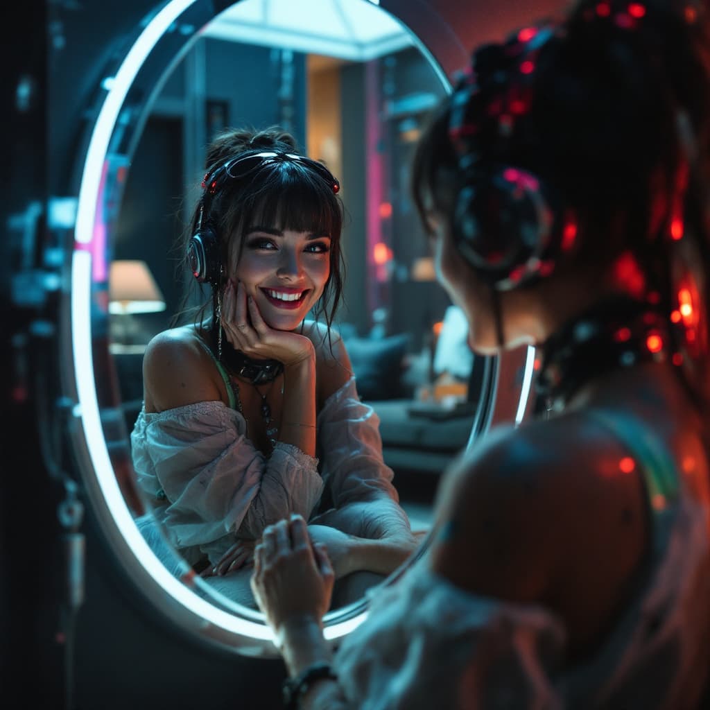 AI generated: cyber punk lady looking in a mirror looking happy and smiling in a cyberpunk livingroom

