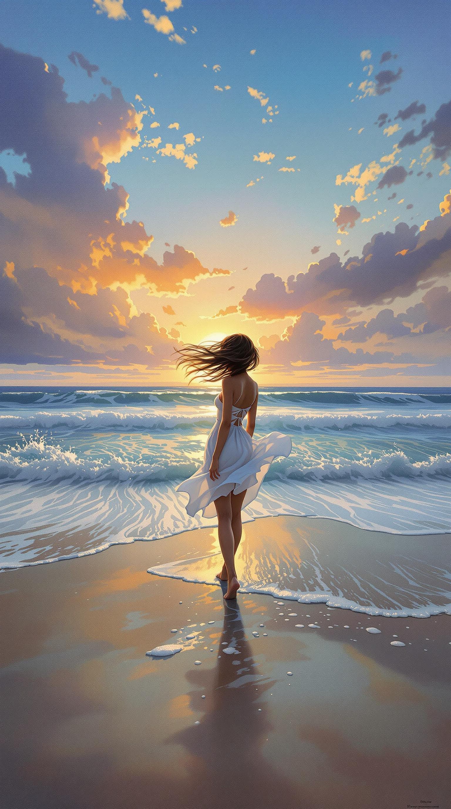 AI generated: a painting of a girl standing on the beach with her hair blowing in the wind and a sunset behind her...