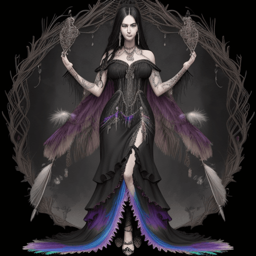 AI generated: Full body detailed portrait of Steamgothicwood villain woman, flowing maxi dress with lace and fring...