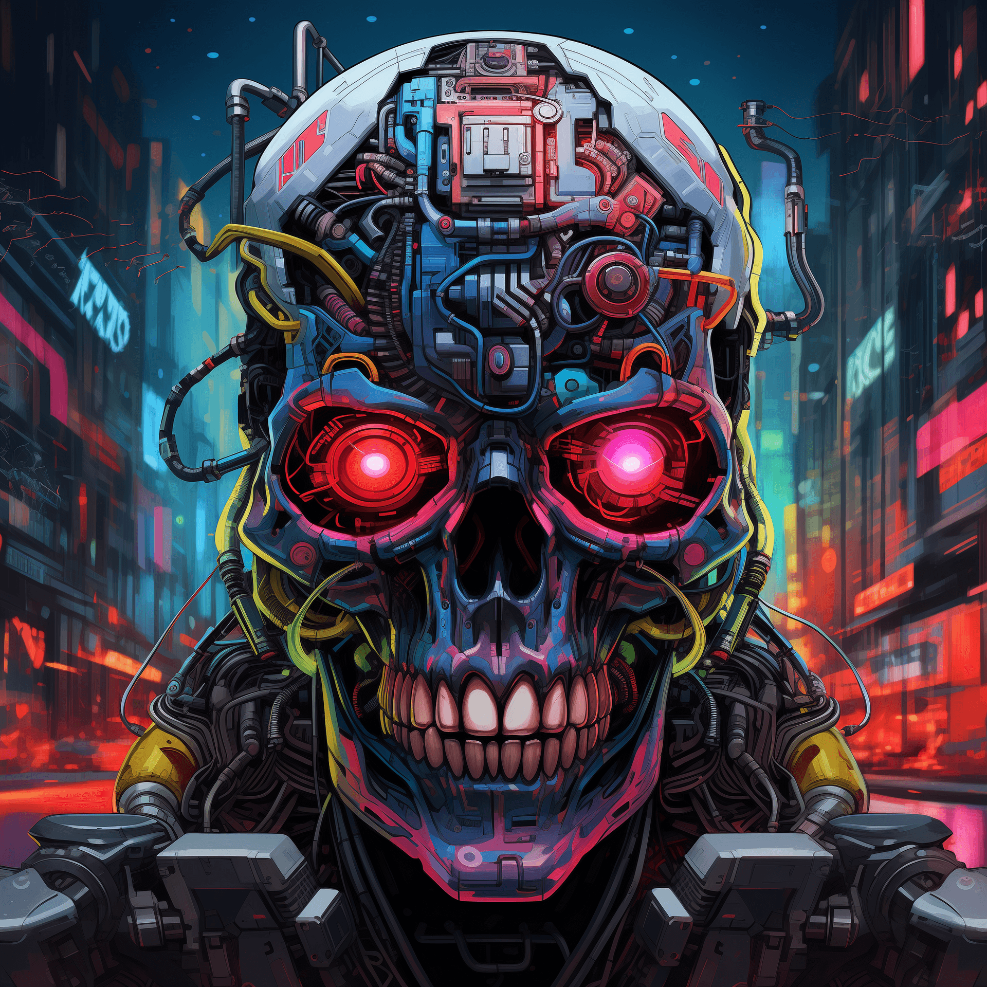 AI generated: cyberpunk skull with vibrant neon colors, intricate circuitry, and mechanical parts, glowing eyes, s...