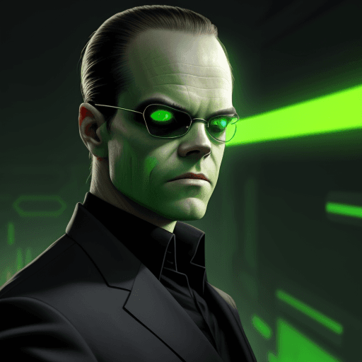 AI generated: Agent Smith from the Matrix, half of his face blending in with green glowing code made of 0s and 1s 