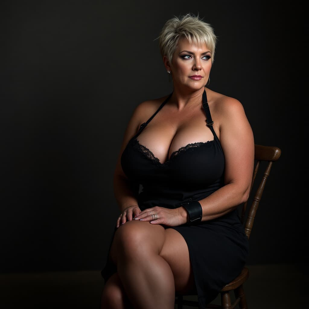 AI generated: 40 years old mature woman, serious face, curve muscle    body, blonde pixie hair, wearing only black...
