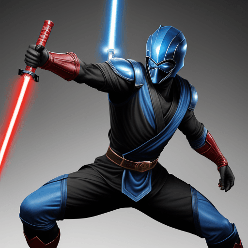 AI generated: a tall black and blue ninja that looks like sub-zero with a sword and red belt, who is up against a ...