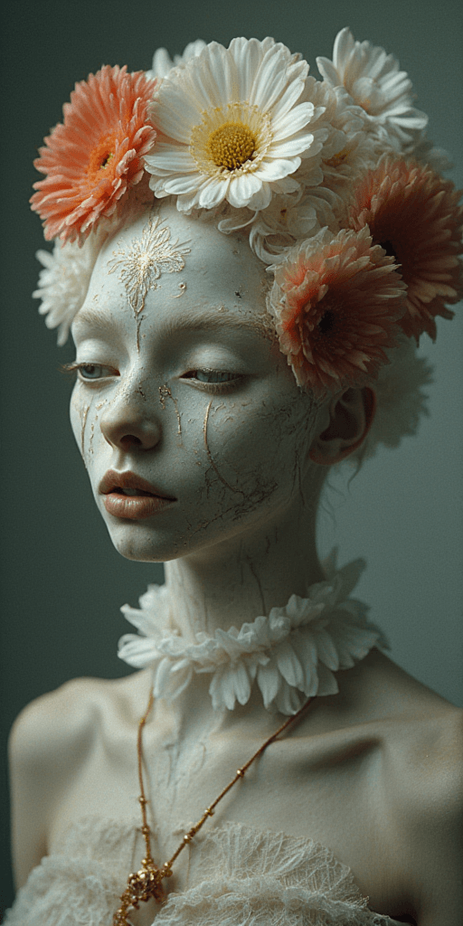 AI generated: Surrealism theme, master photography, high-end gray background, close-up of the upper body of a whit...