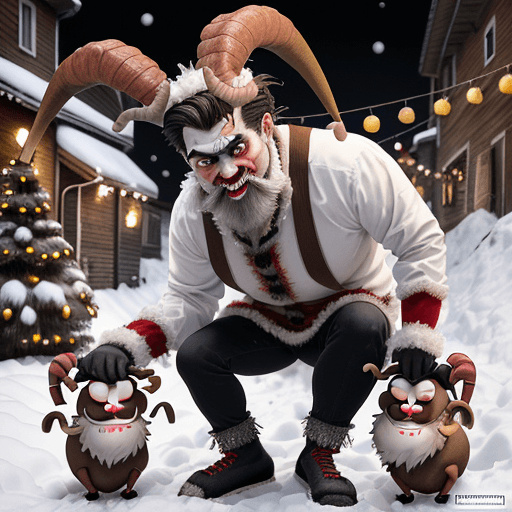 AI generated: krampus piegato,in un vicolo,che sta mangiando della carne cruda vicino ad una persona che sta dorme...